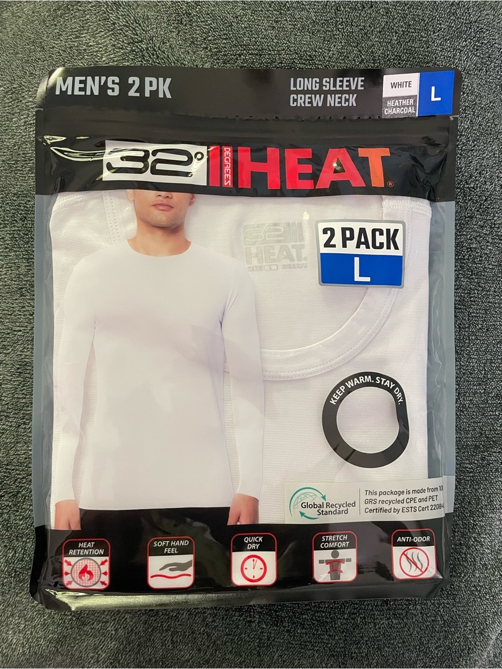 32 Degrees Men's Long Sleeve Crew Neck Thermal Shirt 2-Pack - White (L)